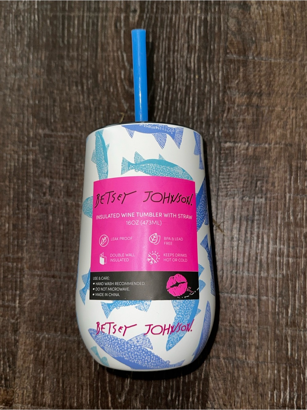 Betsey Johnson White & Blue Fish Insulated Tumbler with Blue Straw